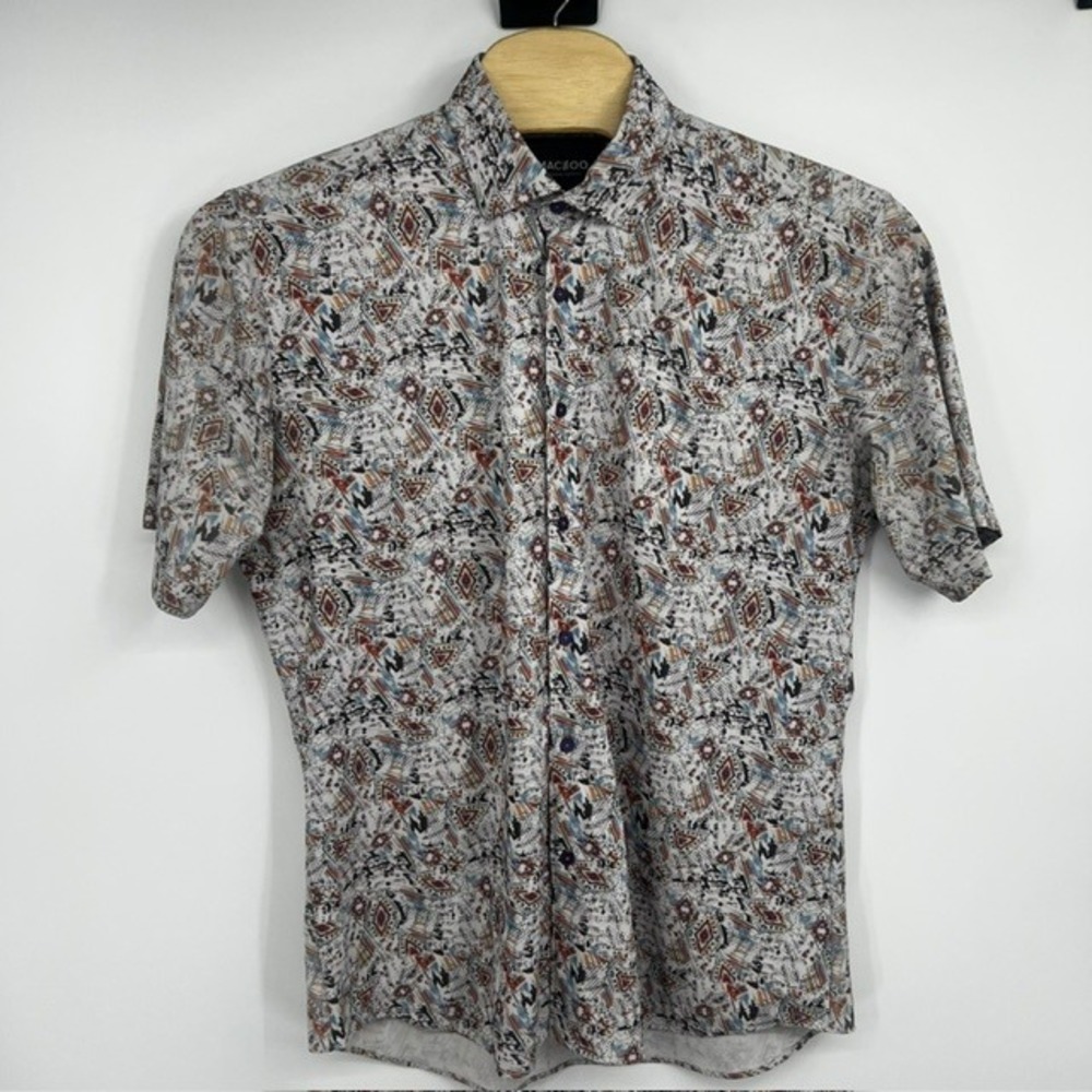 Maceoo Men's XL 4-Way Stretch Geometric Tribal Short Sleeve Button Down Shirt